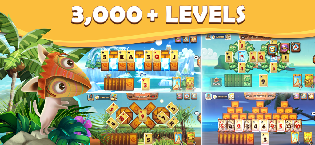 Tiki Solitaire TriPeaks - A promotional graphic for Tiki Solitaire TriPeaks showcasing various card layouts across three thousand levels with a tropical theme and a cute tiki masked dog character.