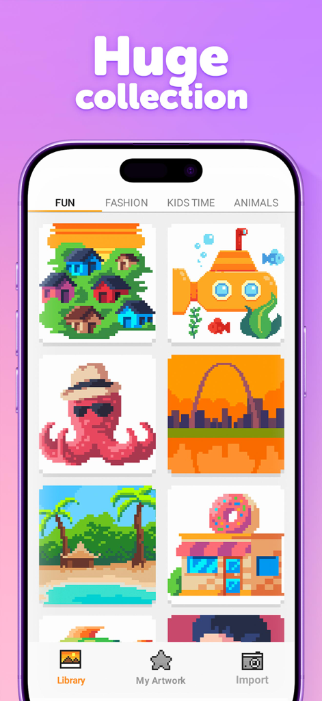 A mobile screen showing a large collection of colorful pixel art designs in the Unicorn app library
