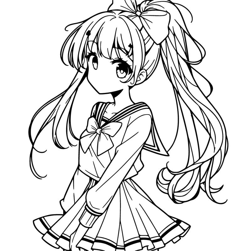 manga character girl with long hair in a high ponytail and a dress