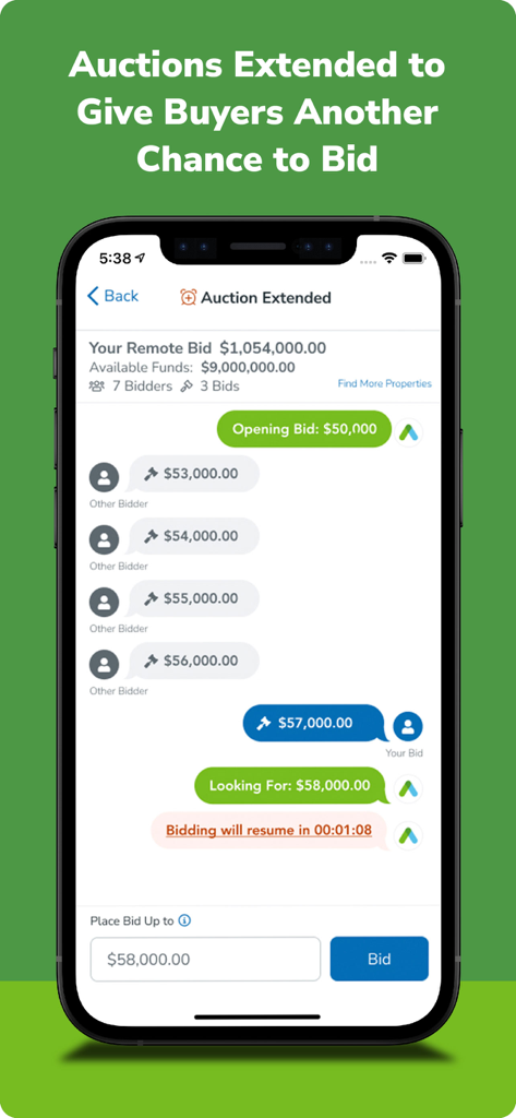 Auction.com - Homes for Sale - A mobile screen showing the Auction.com app remote bidding interface with real-time bid updates and an auction extension notice.