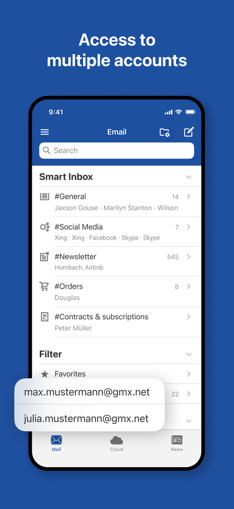 GMX - Mail & Cloud - GMX Mail app screenshot showing smart inbox categories and multi-account management features
