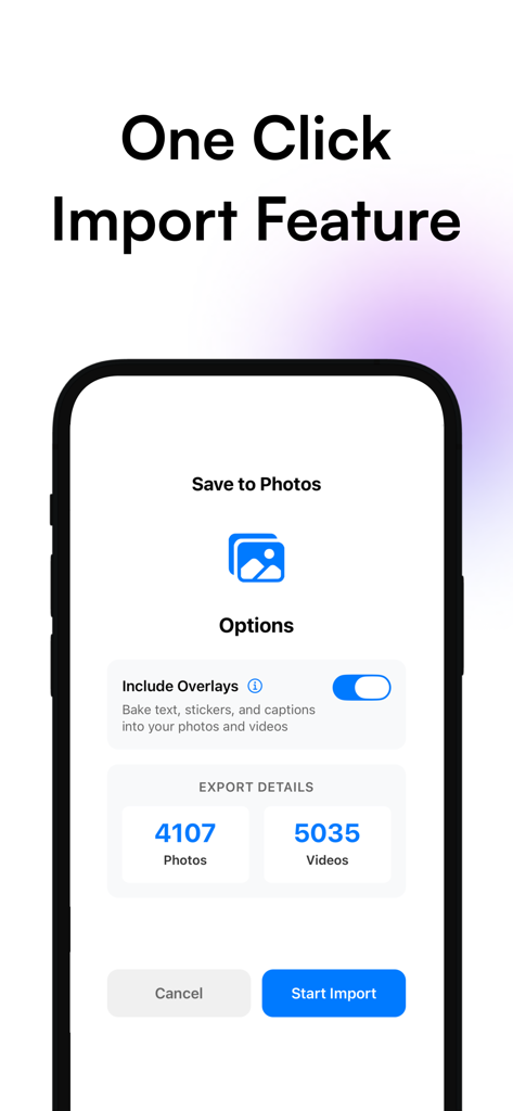 Memport - Save Your Memories - Memport app interface showing the one click import feature to save Snapchat photos and videos to the iPhone