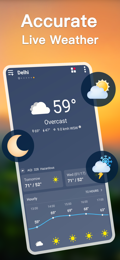 Weather - Accurate Weather App - Accurate Weatherアプリのインターフェース、気温、毎時間の予報、危険な空気質指数を表示