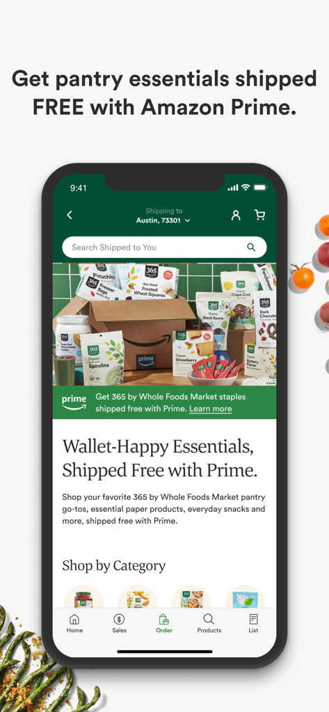 Whole Foods Market app showing free shipping for pantry essentials with Amazon Prime.