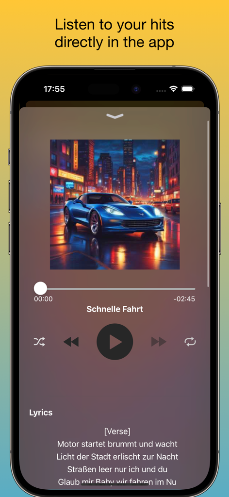 Una pantalla móvil que muestra la interfaz del reproductor de música djAI con una canción generada y la letra sincronizada