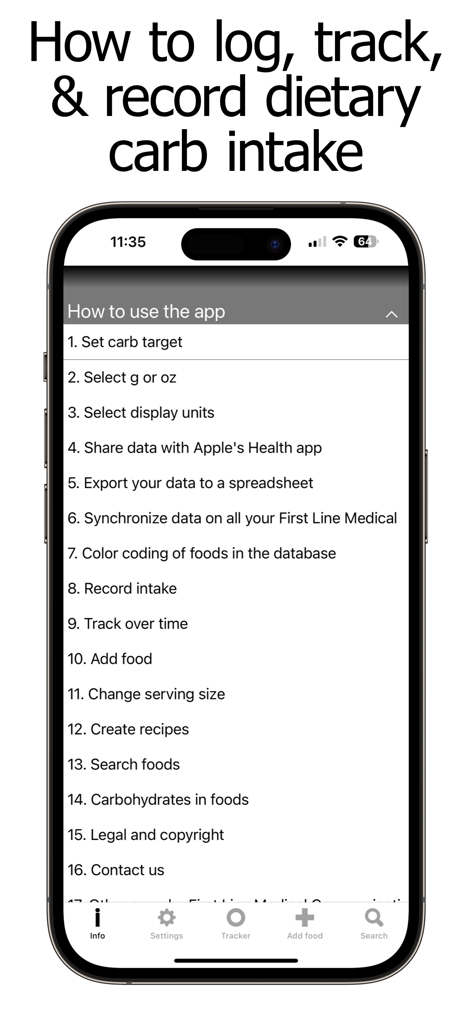 Carb Counter and Tracker - A menu in the Carb Counter and Tracker app showing a list of instructions on how to log and track dietary carb intake.