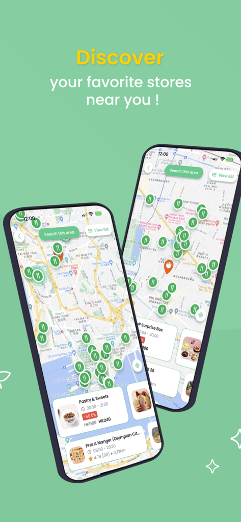 Yindii - Sustainable Food App - Two smartphone screens showing the Yindii app map interface with store locations and the headline Discover your favorite stores near you.