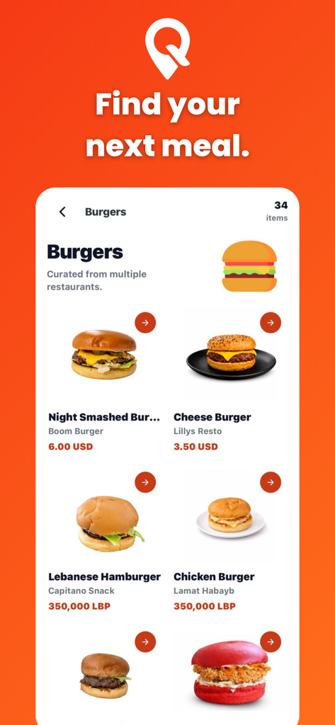 QEats - QEats mobile app interface showing a selection of burgers from various local restaurants with prices and images.