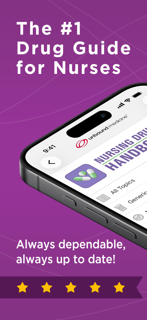 Nursing Drug Handbook app on an iPhone with text calling it the number one drug guide for nurses and a five star rating