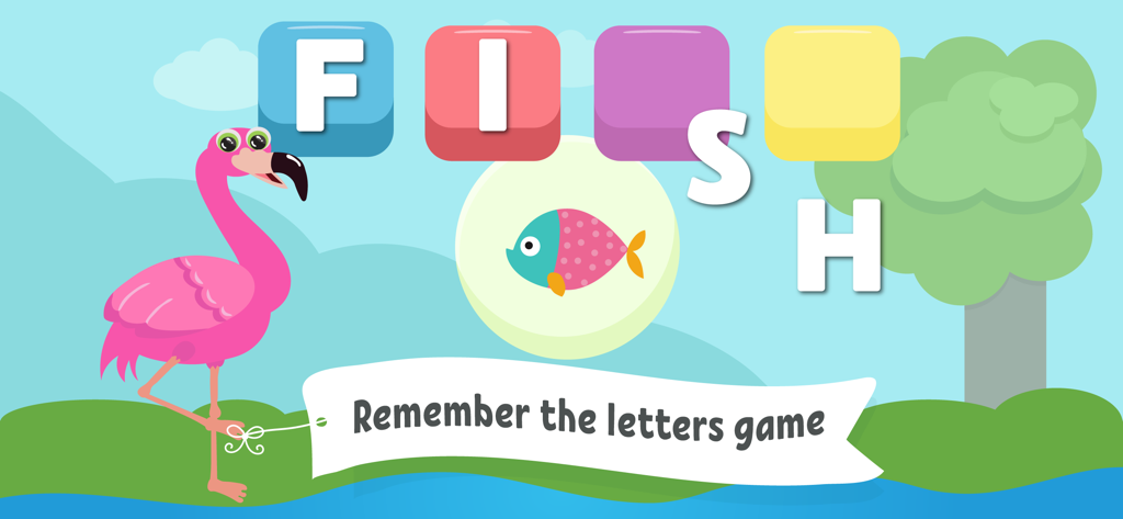 Gioco di ortografia educativa per bambini con la parola pesce e un fenicottero