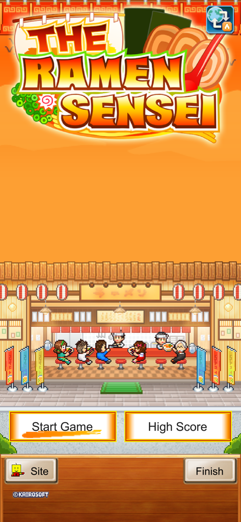 The Ramen Sensei - Tela de título do jogo para celular The Ramen Sensei apresentando pixel art de clientes no balcão de uma loja de ramen.