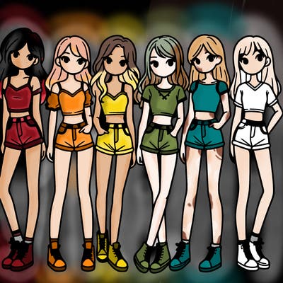 a group of girls wearing crop tops and shorts