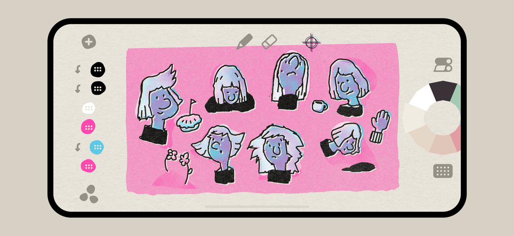 Graintouch app interface showing a risograph style illustration of character faces with grainy ink textures