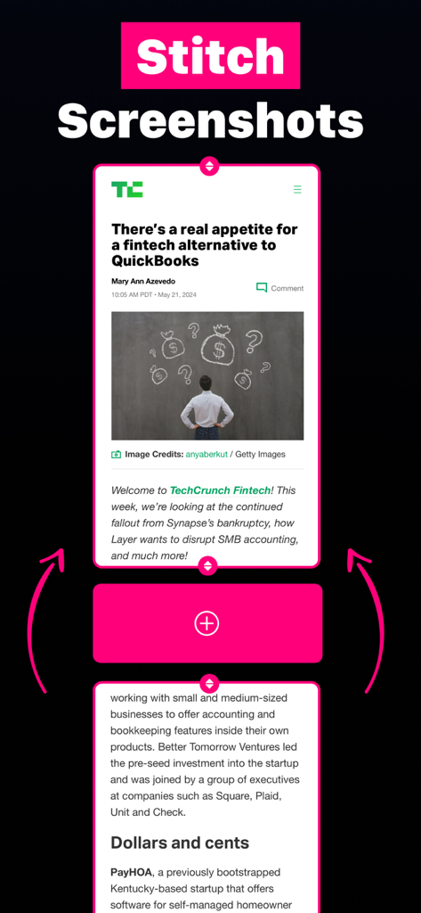 Screenshot Editor - ScreenCut - An interface showing how to stitch two screenshots together using the ScreenCut editor