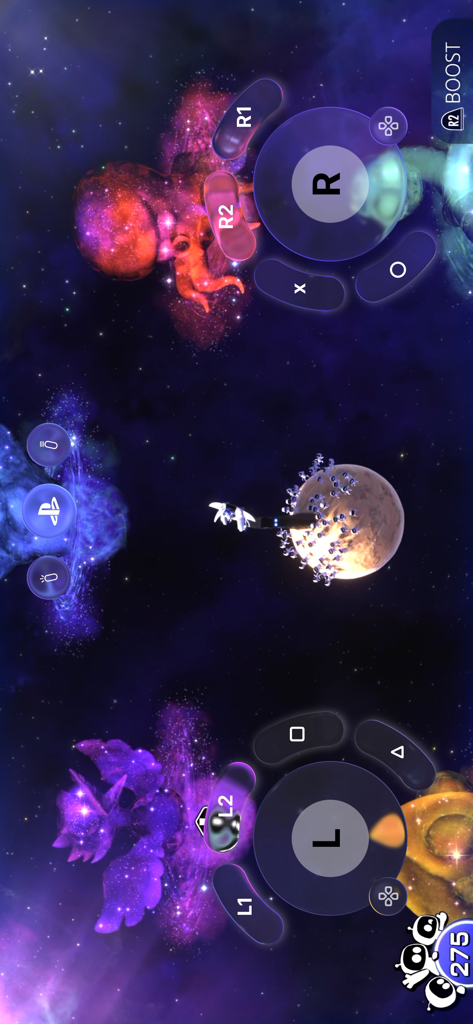 Asobi Remote Play app interface showing a virtual controller overlay for playing PlayStation games on a mobile device