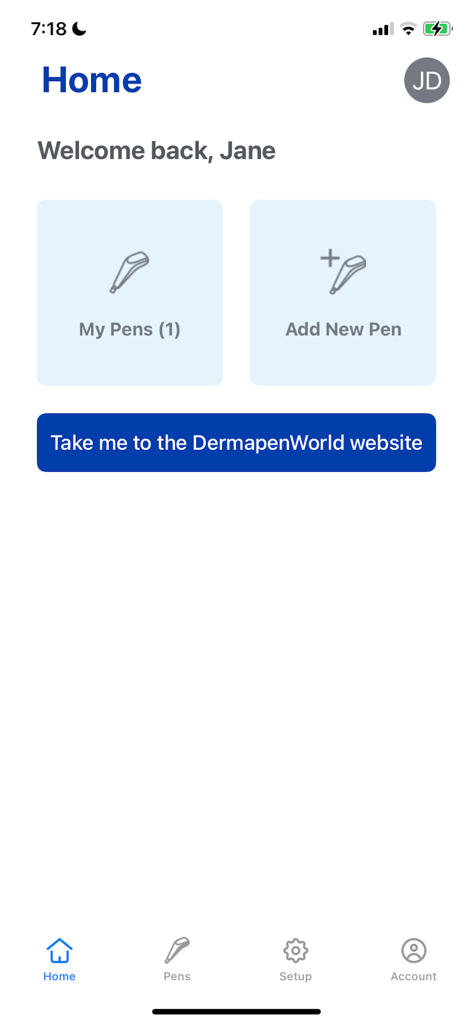 Dermapenworld app home screen dashboard for medical professionals managing microneedling devices