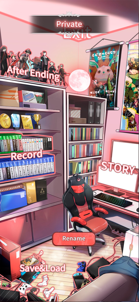 LoveUnholyc - The main menu of LoveUnholyc designed as a detailed anime style private room with gaming setup and story options