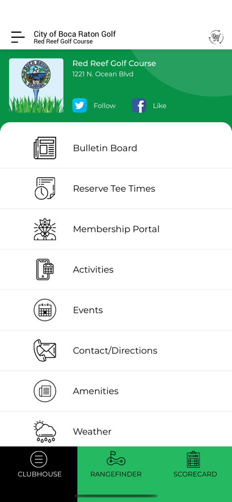 City of Boca Raton Golf - Captura de pantalla del menú principal de la aplicación de golf de la Ciudad de Boca Ratón con opciones para horarios de salida, portal de membresía y eventos.