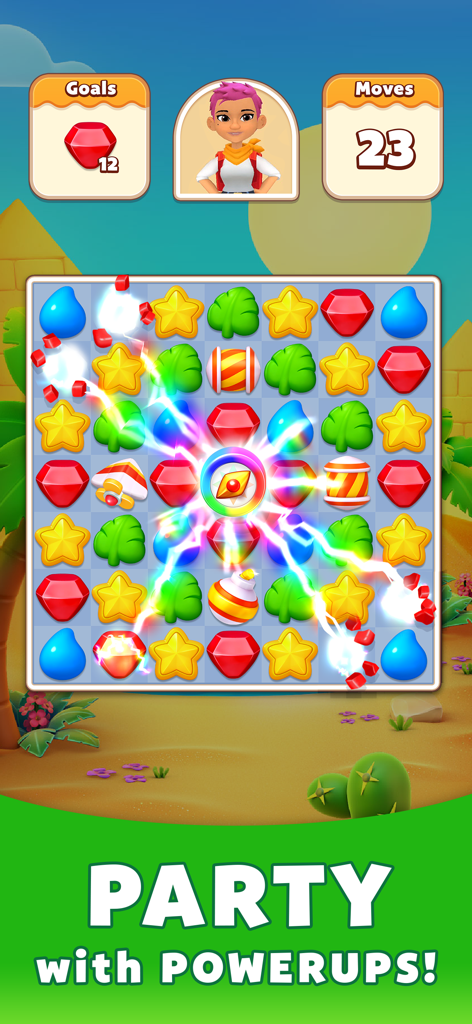 Match-3 tile puzzle gameplay with powerups in Treasure Party
