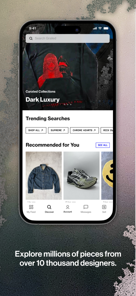 Grailed – Buy & Sell Fashion - Grailed app interface displaying curated collections and trending fashion searches
