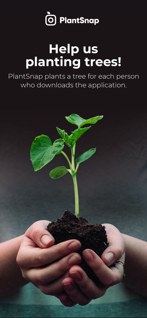 Hands holding a young plant sprout with text about planting trees for every app download