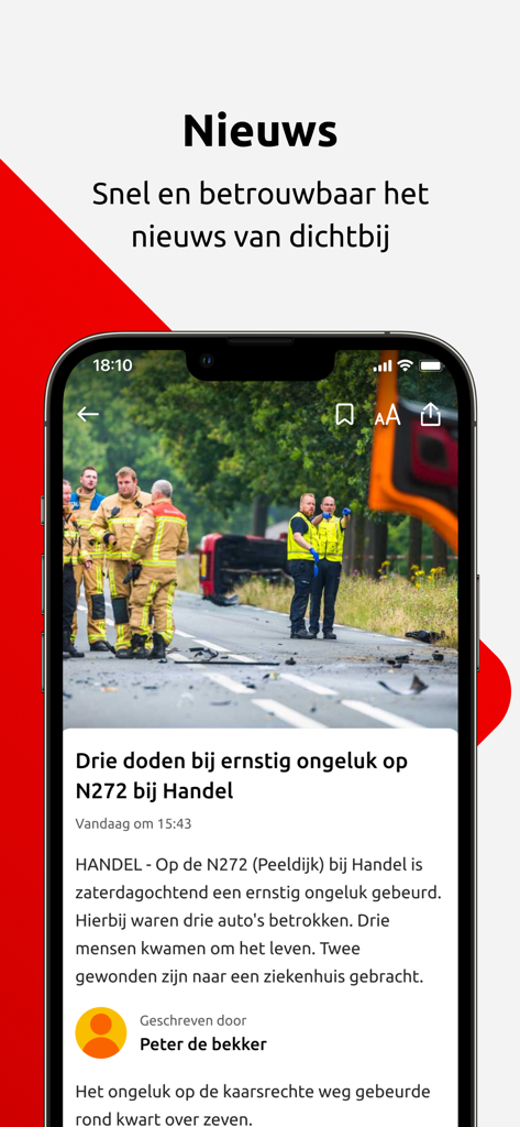 Omroep Brabant - Omroep Brabantアプリのモバイルニュース記事画面。ローカルレポートが表示されています。