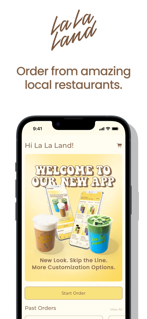 Home screen of the La La Land Kind Cafe mobile app featuring a welcome banner and start order button
