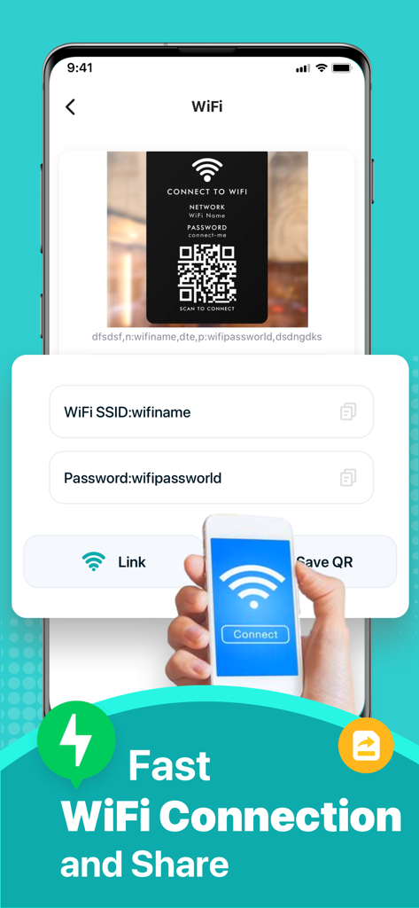 QR Code Scanner:Barcode Reader - App screen showing fast WiFi connection and sharing using a QR code