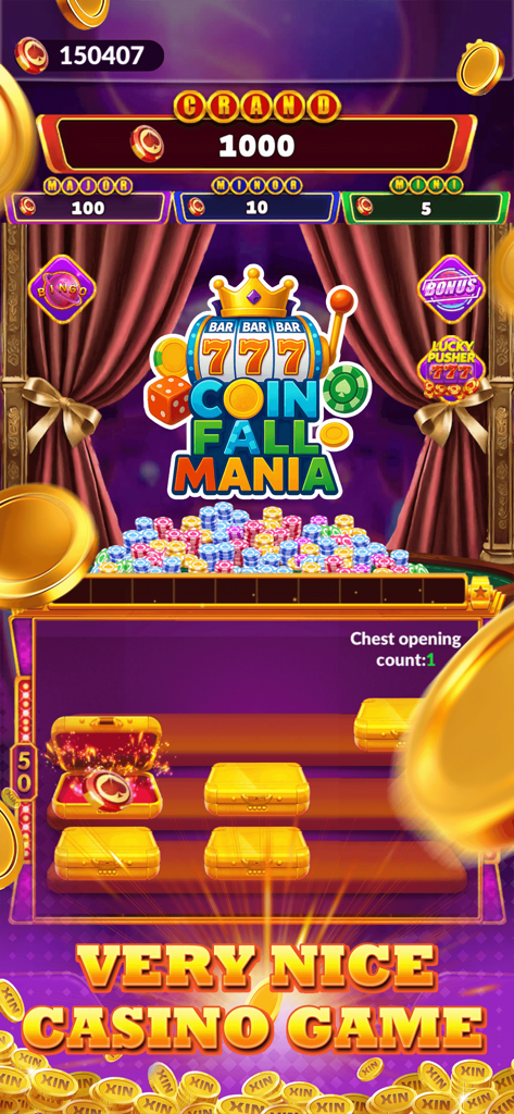 Coin Fall Mania - Interfaz del juego móvil Coin Fall Mania con cofres dorados y un empujador de monedas.