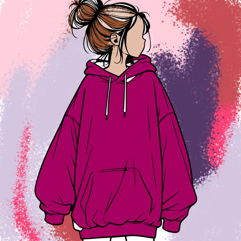 realistic girl with a oversized sweatshirt on and a bun