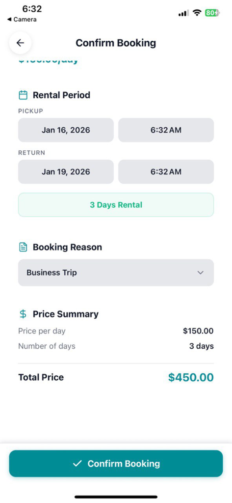 Rento LB - Rento LB 앱 예약 확인 페이지, 렌탈 날짜, 비즈니스 여행 선택 및 총 가격 요약 표시