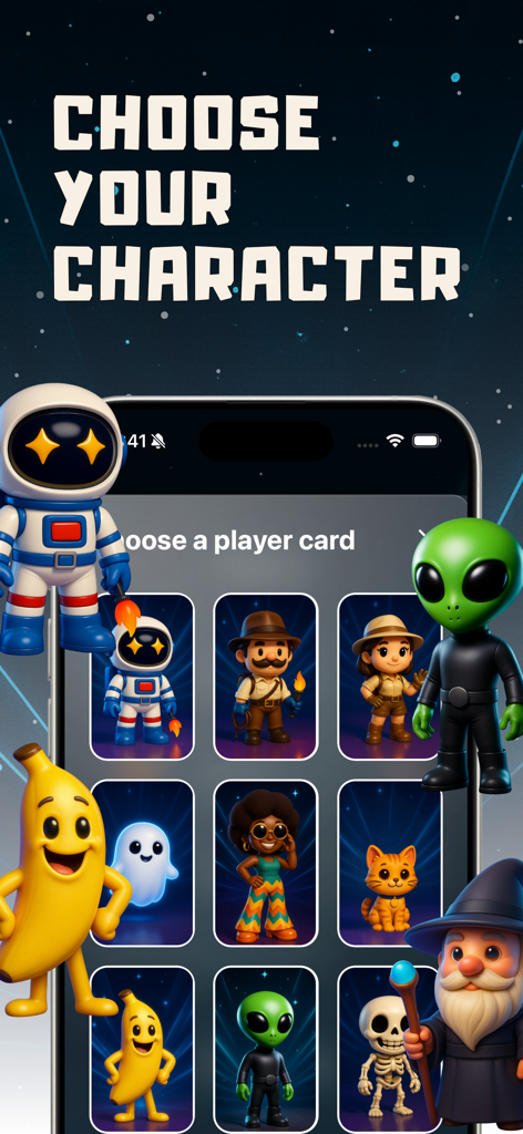 Imposter & Party Games - BAM! - BAM party game character selection screen with diverse avatars including an astronaut, alien, and banana