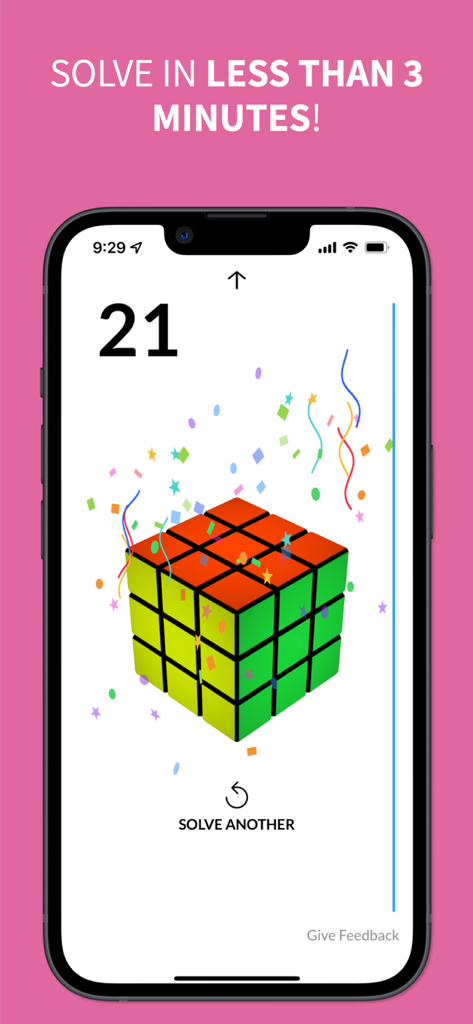Um cubo mágico 3D resolvido em uma tela de smartphone com confete de celebração e uma mensagem para resolver em menos de 3 minutos