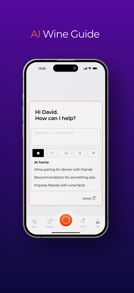 VINFINITY - Interfaz de la aplicación VINFINITY que muestra la pantalla de guía de vinos con IA, con opciones de maridaje y recomendación de vinos