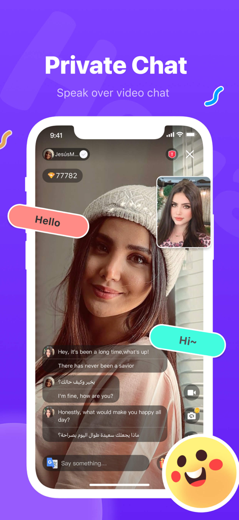 Heya mobile app interface displaying a one-on-one private video chat with integrated text messaging and real-time translation.