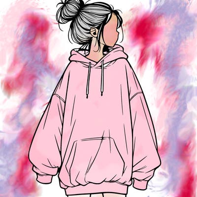 realistic girl with a oversized sweatshirt on and a bun