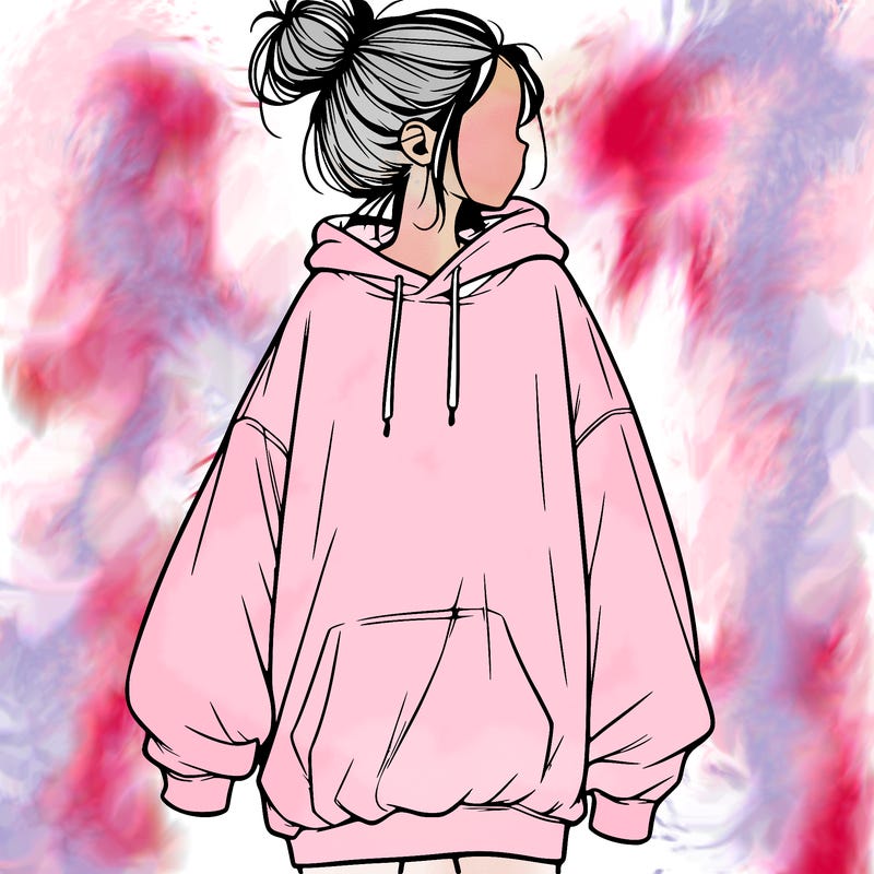 realistic girl with a oversized sweatshirt on and a bun