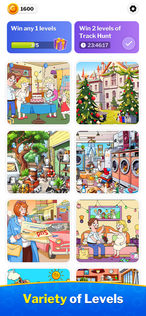 Mobile app screen showing a grid of diverse illustrated hidden object puzzle scenes like a laundry room and a birthday party under the title Variety of Levels