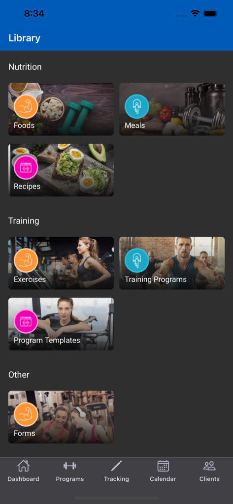 Elite Trainr - Elite Trainr app library screen displaying nutrition, training programs, and exercise categories.