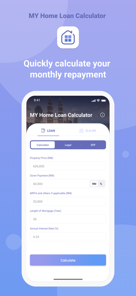 Interface of the Malaysia Home Loan Calculator app showing fields to calculate monthly mortgage repayments