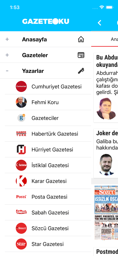 Gazete Oku app menu showing a list of Turkish newspaper columnists