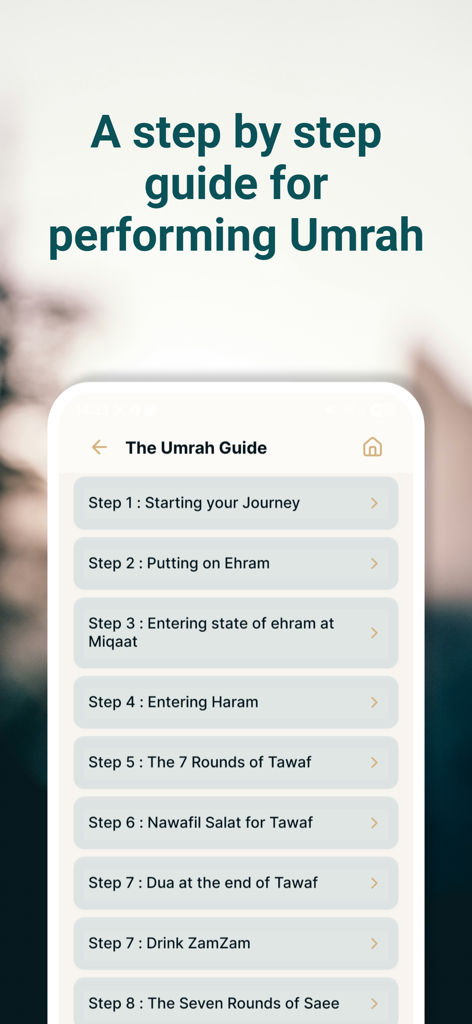 A step by step guide for performing Umrah showing rituals from starting the journey to the seven rounds of Saee