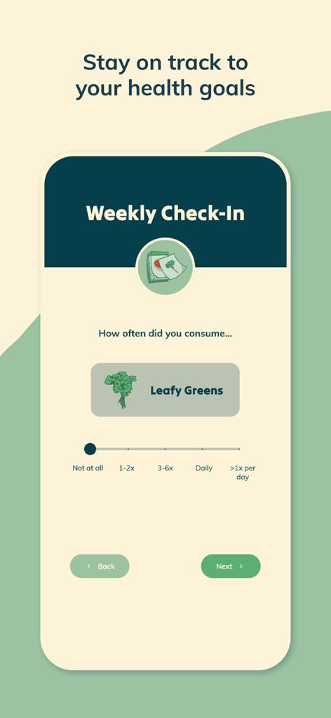 Heartful for Blood Pressure - Weekly check-in screen in the Heartful app for tracking leafy green consumption
