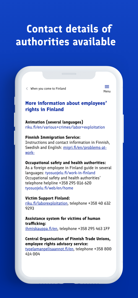 Work Help Finland - Un elenco di informazioni di contatto per le autorità del lavoro finlandesi e i servizi di supporto sull'app Aiuto Lavoro Finlandia