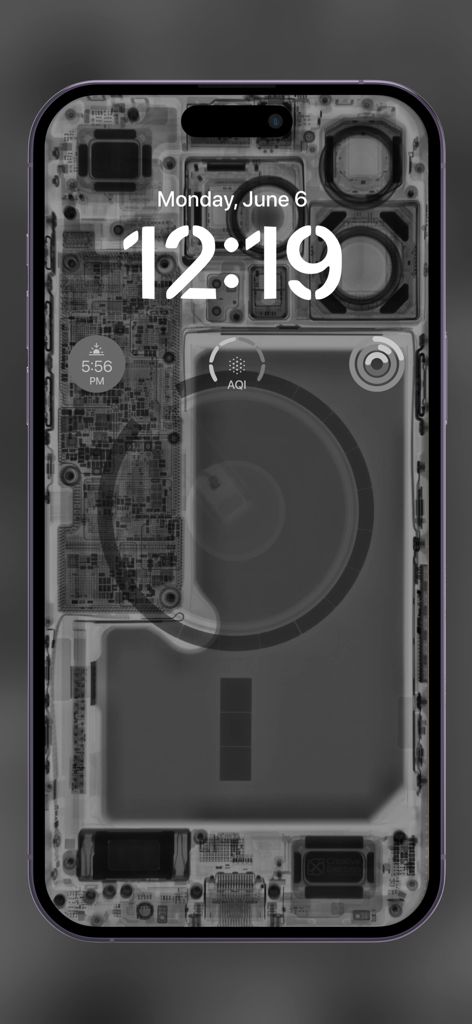 8K WALLPAPERS x 4K Backgrounds - Gray x-ray wallpaper of iPhone internal parts on a lock screen