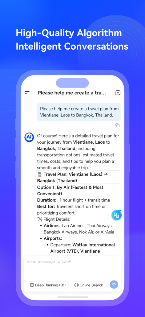 LaoAI - LaoAI mobile app interface showing an AI assistant providing travel planning advice from Laos to Thailand.