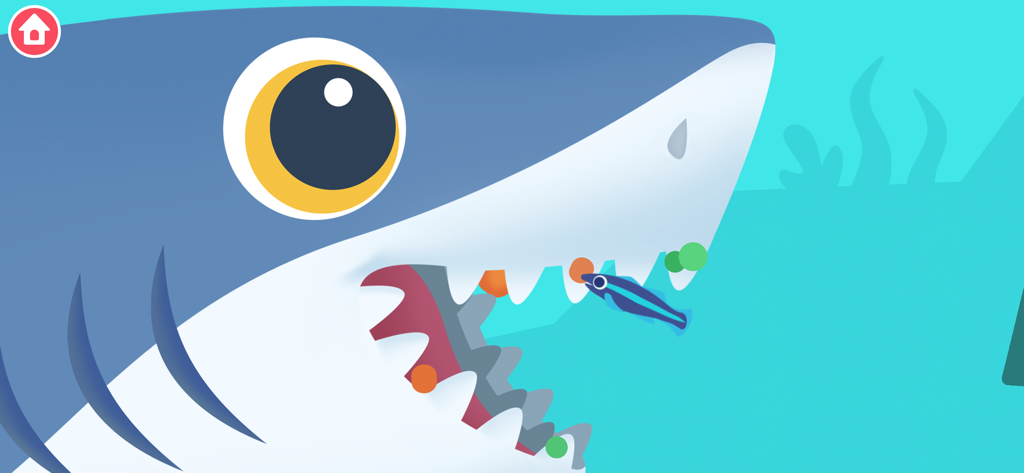 Animal Rescue: Sea Adventure - A small blue cleaner fish inside a large cartoon shark's open mouth in a kids educational ocean game