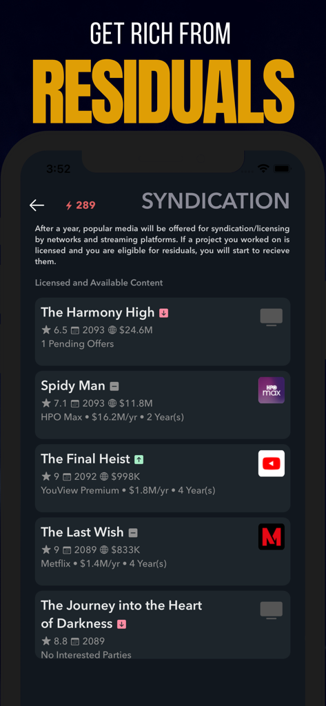 Gameplay screen showing movie syndication deals and residuals earnings in the Hollywood Movie Star Life Sim app.