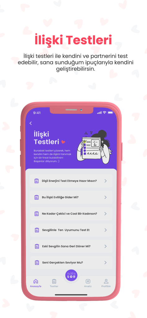 Adile Sor mobile app screen showing a list of relationship tests in Turkish