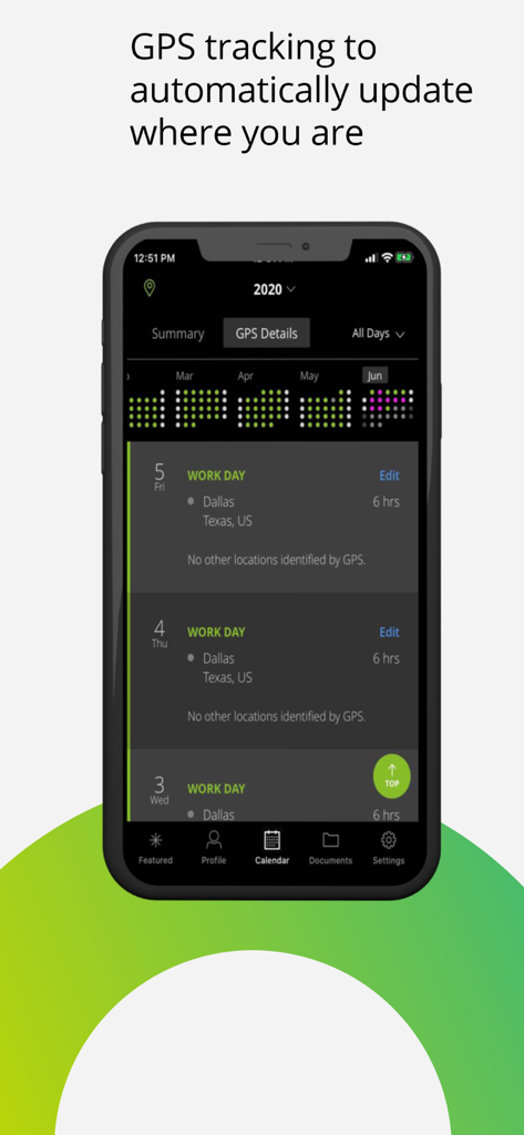 Interface de l'application GlobalAdvantage affichant le suivi GPS automatisé des jours de travail et des lieux.